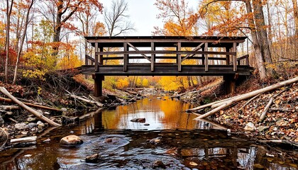 Wooden bridge over calm stream surrounded by autumn foliage  