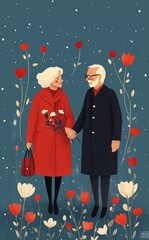 Romantic Elderly Love Story - Hand-Drawn Illustration with elderly couple surrounded by red flowers on deep navy background