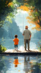 Grandpa and Boy Fishing in Summer, Joyful Outdoor Scene, Happy Grandparents day hand drawn illustration