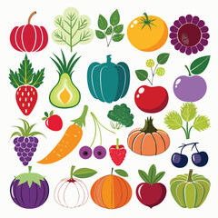 Colorful Flat Fruit and Vegetable Vector Set – Pumpkin, Tomato, Strawberry, Onion, Cherry, Grape, Apple, Carrot, Broccoli, Eggplant, and Herbs – Healthy Organic Food Icons for Recipe and Design