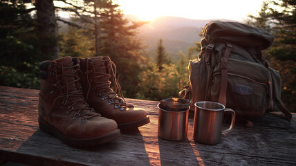 Fading daylight on trail gear atop wooden surface boots, mugs, and backpack with peaceful forest horizon glowing warmly