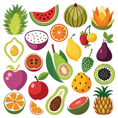 Colorful Exotic Fruit Vector Collection – Kiwi, Watermelon, Papaya, Pineapple, Durian, Citrus, Fig, Dragon Fruit, Star Fruit, and More – Tropical Organic Fruits for Healthy Food and Packaging Design