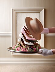 Tray with shoes, flowers, and hat — stylish flat lay composition