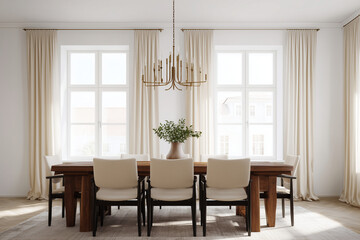 modern dining room with wooden table, six beige chairs, large white windows, light curtains, and a stylish chandelier in a bright spacious interior