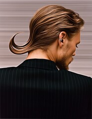 Stylish man with modern haircut in black blazer, back view