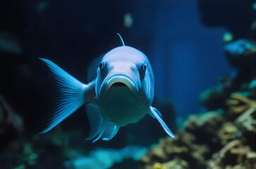 Striking close up portrait of a blue fish swimming in an ocean aquarium environment