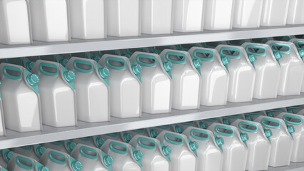 Close-up of supermarket shelves with white soft liquid packaging pouches with handle design and green screw cap. 3d illustration