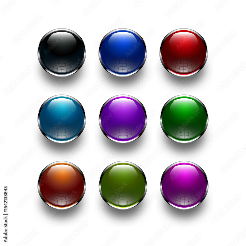 Wall mural button icon set glossy button designs with chrome metal vector, glossy buttons with metallic, chrome