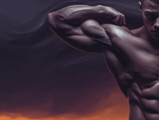 Close-up of a muscular man's arms and torso. Dramatic lighting and background