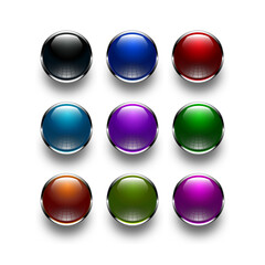 Button icon set glossy button designs with chrome metal vector, Glossy buttons with metallic, chrome elements, black and colorful