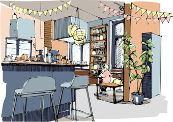 Neighborhood Coffee Shop Sketch. Local Business Concept. Hand-drawn Vector Illustration, Non-AI