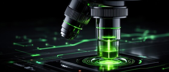Futuristic microscope with glowing green components
