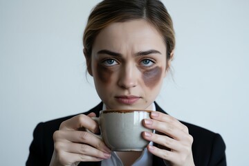 Woman with dark eye circles holding a cup, symbolizing stress and fatigue.