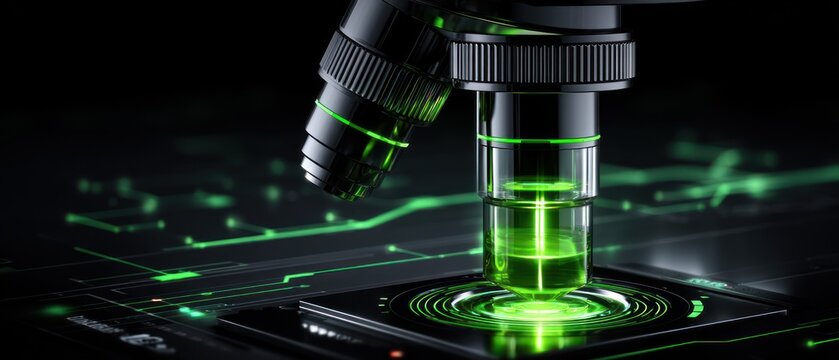 Futuristic microscope with glowing green components