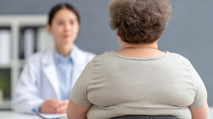 Overweight patient talking with female doctor during medical consultation, highlighting obesity treatment, healthcare, support and professional advice in clinical setting.