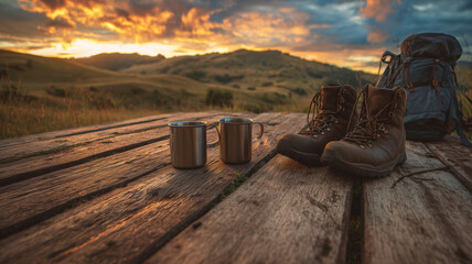 Hiking boots and metal mugs beside a backpack on an old deck as sunset glows over rolling countryside in warm evening light