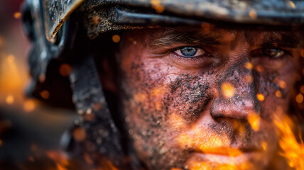Intense scene of firefighter with helmet reflecting fire and smoky face showing bravery amid burning forest crisis
