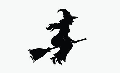 Witch profile silhouette, flying hair vector, Halloween hat icon, spooky character design, black and white art