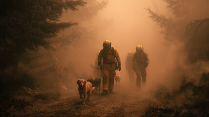 Pets rescued from wildfire-threatened home by firefighters near the forest, smoke and urgency captured in emotional scene