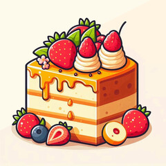 Cartoonish square cake slice with strawberries blueberries and caramel drizzle