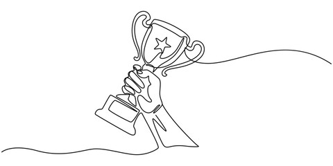 Continuous one line drawing of hand holds trophy cup competition. Champion trophy cup in single line draw illustration. Editable stroke, Champion cup One line drawing isolated on white background.