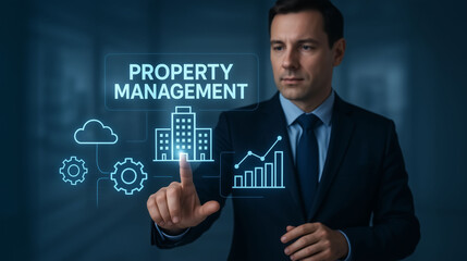 Obraz premium Property investment and management for commercial real estate representing company service and housing operations with modern technology virtual screen background