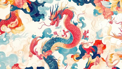 Obraz premium A vibrant, stylized dragon in a swirling pattern of clouds and flowers