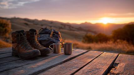 Travel scene of boots, gear, and mugs on rustic platform under sunset sky, ideal for hiking, camping, and outdoor moments