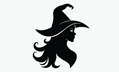 Witch profile silhouette, flying hair vector, Halloween hat icon, spooky character design, black and white art
