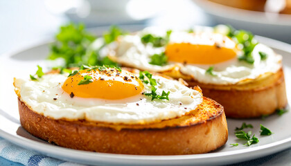 Fried eggs on toasted bread with aromatic parsley on top. Tasty breakfast. Delicious meal. Culinary