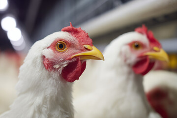 Fototapeta premium close-up of white chicken head with red comb and yellow beak on blurred farm background showing detailed feathers and alert expression in indoor poultry environment