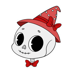Magical cute Halloween skeleton skull cartoon idea mask. Happy and smiling funny skull. Line art element collection 