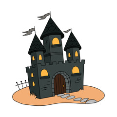 Magical spooky and scary dark haunted castle. Halloween creepy stone element collection. Line art hand drawn