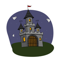 Magical spooky and scary dark haunted castle. Halloween creepy stone element collection. Line art hand drawn