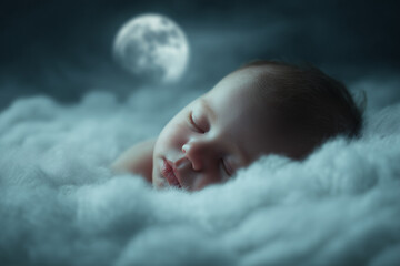sleeping baby peacefully resting on soft clouds under a glowing full moon in a dreamy nighttime scene with gentle blue tones and serene atmosphere