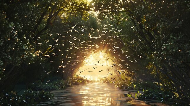 A tranquil waterway lined with trees, filled with birds in flight, bathed in the golden light of sunrise.