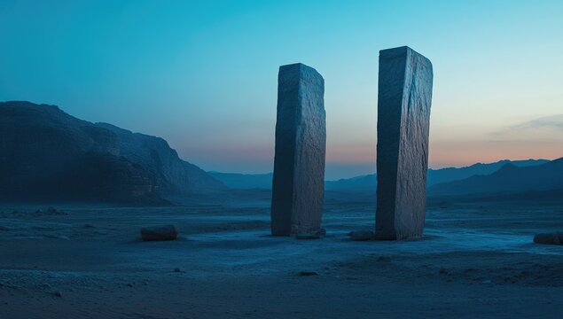Two tall, light-gray stone pillars stand sentinel in a vast, dusty desert landscape at twilight.