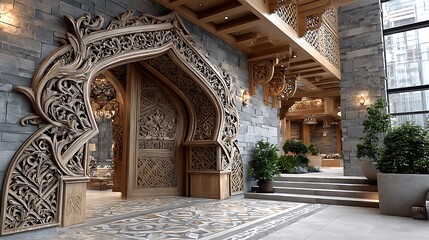 Ornate wooden wall carving interior with elegant floral pattern high resolution picture