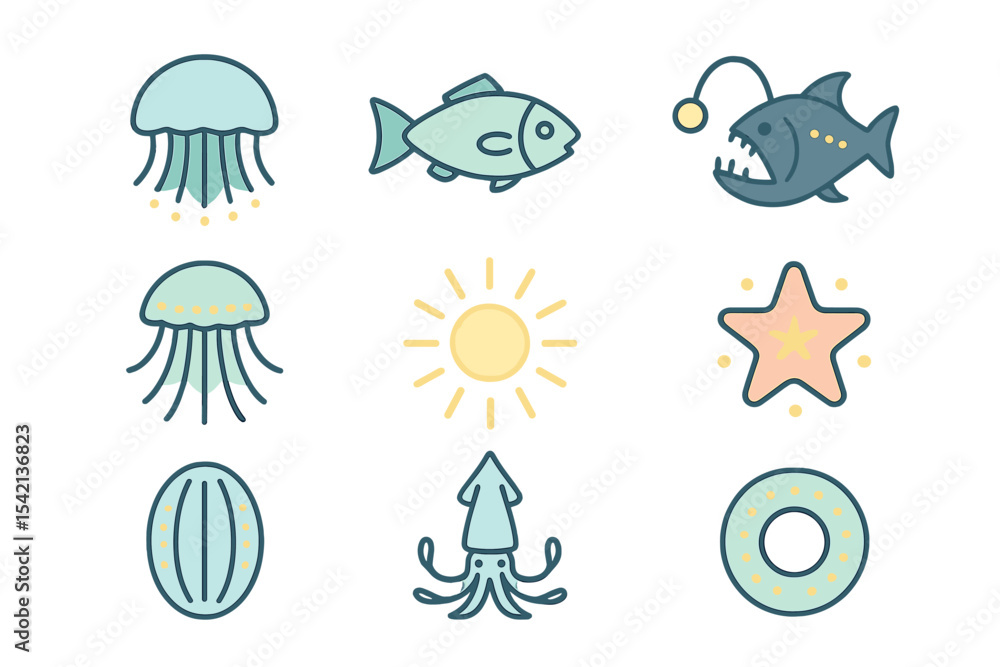 Poster underwater creatures and elements arranged in a colorful grid pattern depicting marine life