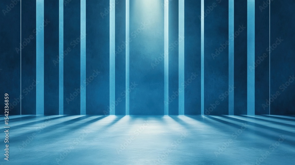 Poster a blue studio space with vertical light columns and shadows