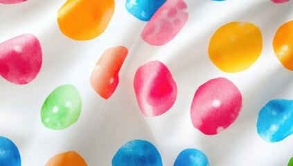 Close-up of a white fabric with vibrant, painted polka dots.  Soft, flowing folds highlight the texture
