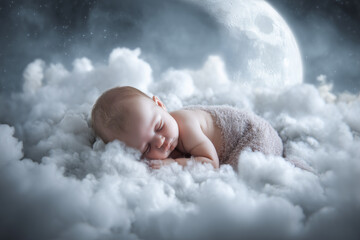 sleeping newborn baby peacefully resting on fluffy clouds with a soft blanket under a glowing moonlit sky, serene and dreamy atmosphere, infant asleep
