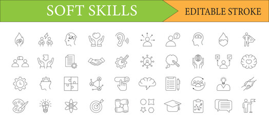 Line Art Pictograms Depicting Soft Skills Editable Stroke Vector Illustration Professional Development Icons Human Capital Intangible Assets and Workplace Capabilities