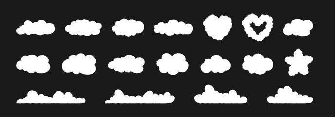  A white cloud silhouettes with chalk texture collection. Hand drawn various fluffy sky symbol shapes on black background.