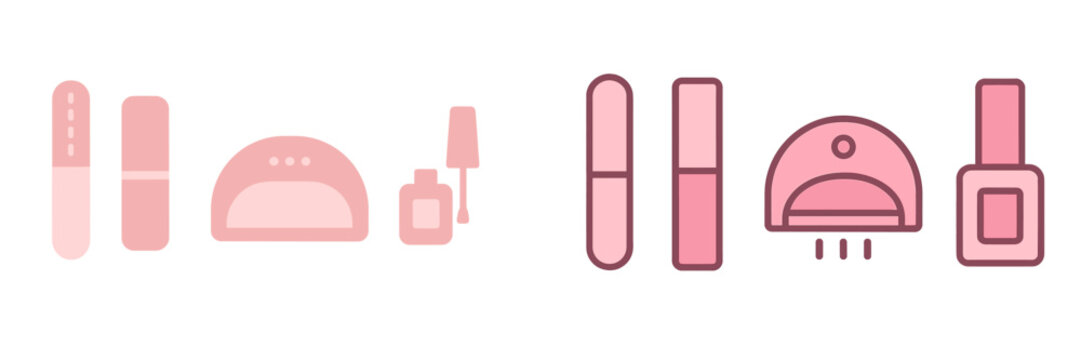 Various nail care tools and products arranged in a stylish pink theme for manicure and pedicure