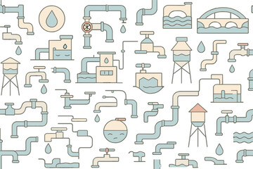 Modern water system illustration featuring pipes, tanks, and droplets in a cohesive design