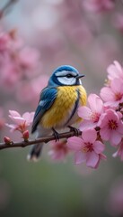 Obraz premium Vibrant Blue Tit Amid Blossoming Pink Flowers