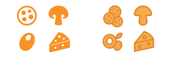 Variety of snack icons including cookies, cheese, and mushrooms in vibrant orange colors that attract attention and enhance food-related design