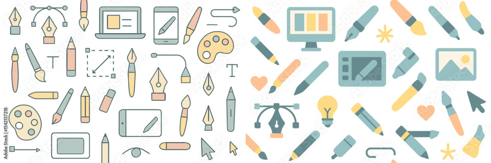 Poster creative tools and digital art elements showcased in a vibrant layout featuring design instruments a