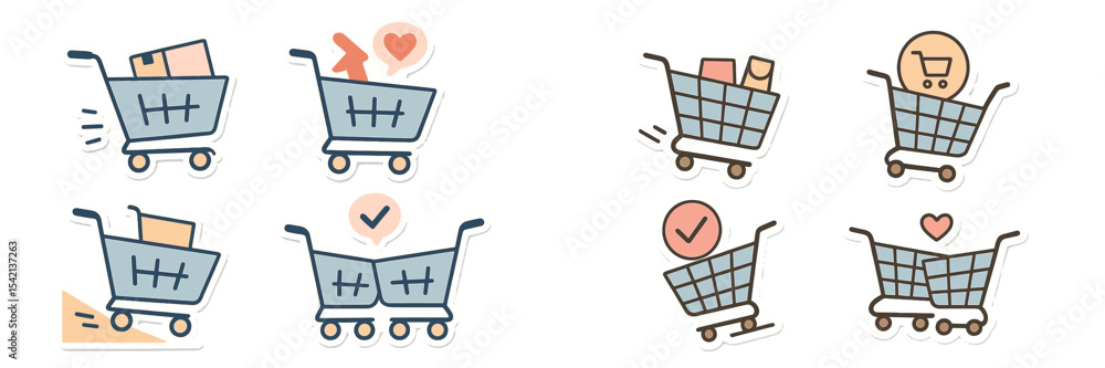 Poster shopping carts with various items and symbols illustrating online shopping and customer satisfaction